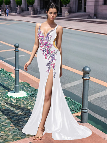 Sparkly Lace Cut Waist Split Long Prom Dress