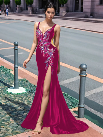 Sparkly Lace Cut Waist Split Long Prom Dress