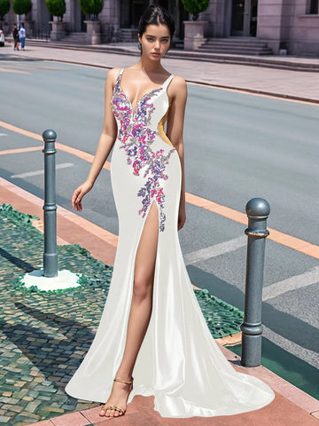 Sparkly Lace Cut Waist Split Long Prom Dress