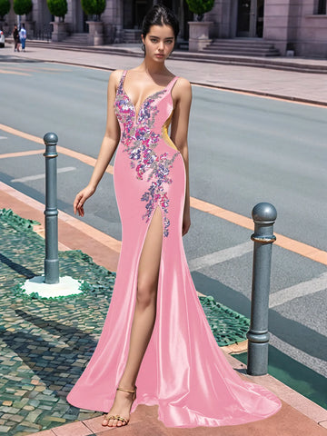 Sparkly Lace Cut Waist Split Long Prom Dress