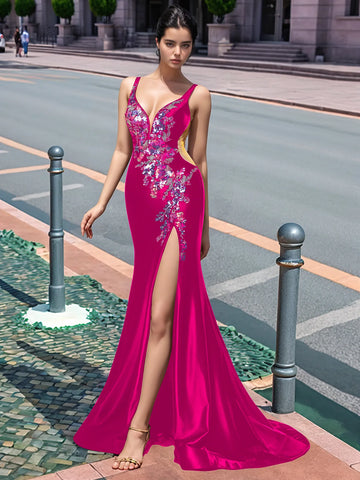 Sparkly Lace Cut Waist Split Long Prom Dress