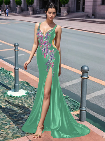 Sparkly Lace Cut Waist Split Long Prom Dress