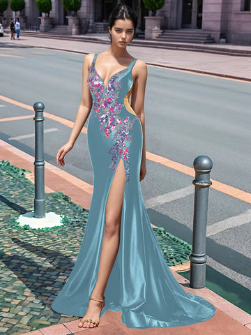 Sparkly Lace Cut Waist Split Long Prom Dress