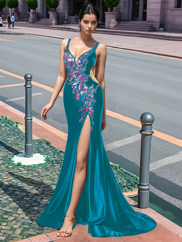 Sparkly Lace Cut Waist Split Long Prom Dress