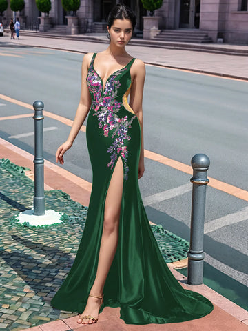 Sparkly Lace Cut Waist Split Long Prom Dress