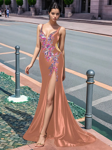 Sparkly Lace Cut Waist Split Long Prom Dress