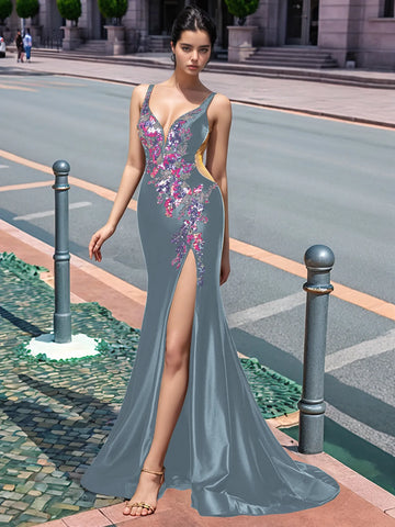 Sparkly Lace Cut Waist Split Long Prom Dress