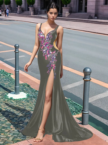 Sparkly Lace Cut Waist Split Long Prom Dress