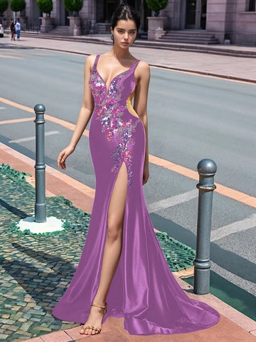 Sparkly Lace Cut Waist Split Long Prom Dress