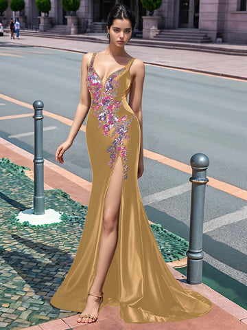 Sparkly Lace Cut Waist Split Long Prom Dress