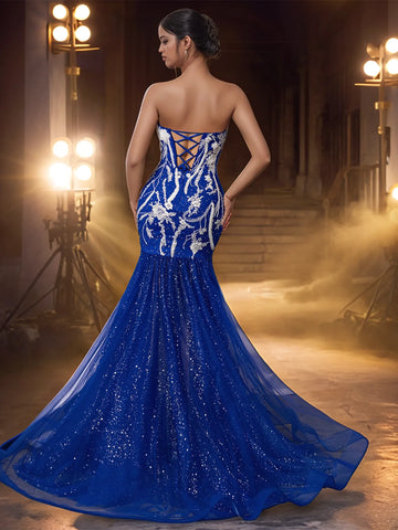 Sexy Deep V-Neck Sheer Embroidery Mermaid Prom Dress