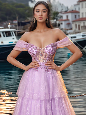 Off Shoulder Sparkly Lace Embroidery Layered Ball Gown Prom Dress