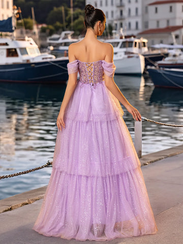 Off Shoulder Sparkly Lace Embroidery Layered Ball Gown Prom Dress