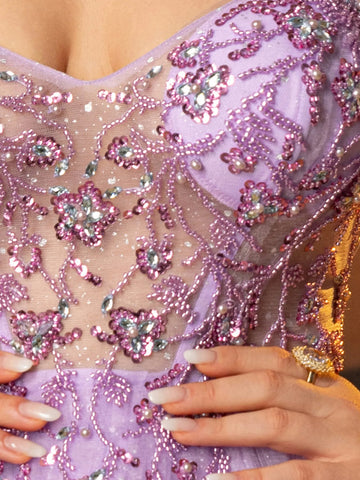 Off Shoulder Sparkly Lace Embroidery Layered Ball Gown Prom Dress