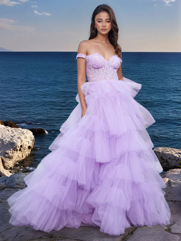 Off Shoulder Ruffled Tiered Lace Embroidery Tulle Ball Gown Prom Dress