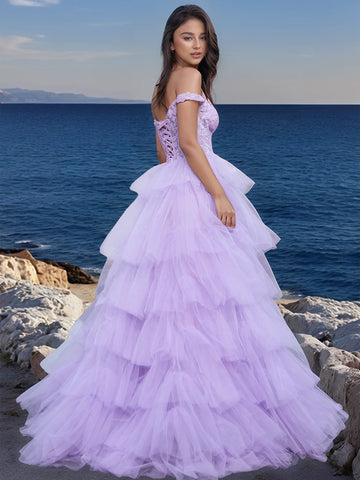 Off Shoulder Ruffled Tiered Lace Embroidery Tulle Ball Gown Prom Dress