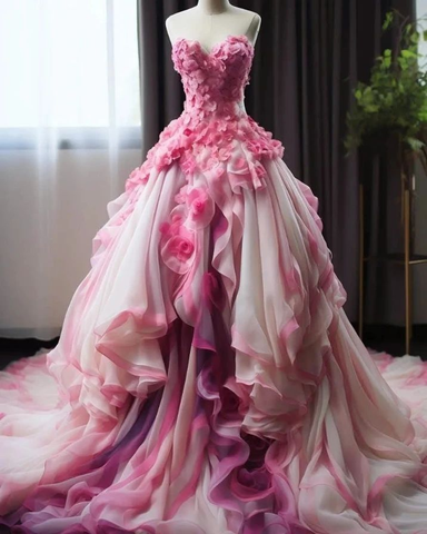 Robe de bal rose en mousseline de soie ornée d'appliqués et d'un décolleté en cœur ombré, modèle Y8524