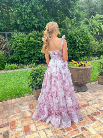 Robe de bal/soirée trapèze en mousseline imprimée de roses, modèle Y8498