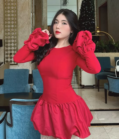 Vestido corto de cóctel rojo de manga larga y corte en A, elegante vestido para baile de bienvenida Y8103