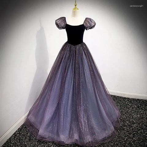 Vestido de noche formal de tul morado de manga corta, estilo línea A, modelo Y4291