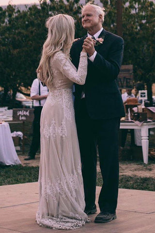 A-Line Bateau Long Sleeves Ivory Tulle Wedding Dress with Appliques  WD399