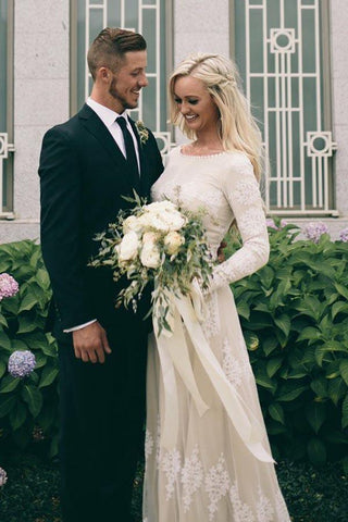 A-Line Bateau Long Sleeves Ivory Tulle Wedding Dress with Appliques  WD399