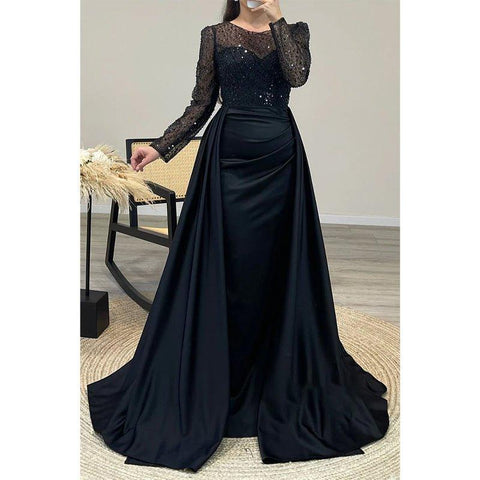 A-line Beaded Illusion Strapless Satin Long Sleeves Prom Dress Evening Gown