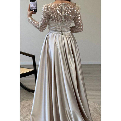 A-line Beaded Illusion Strapless Satin Long Sleeves Prom Dress Evening Gown