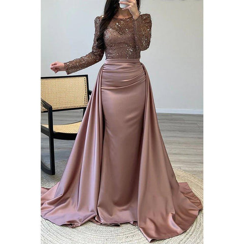 A-line Beaded Illusion Strapless Satin Long Sleeves Prom Dress Evening Gown