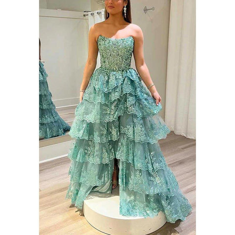 A-line Beaded Lace with Side Slit Party Prom Evening Dress
