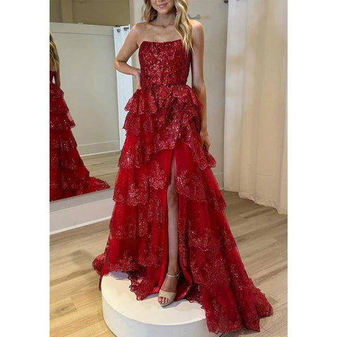 A-line Beaded Lace with Side Slit Party Prom Evening Dress