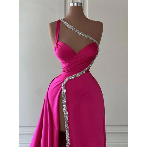 A-line Beaded One Shoulde Pink Satin Pleats Long Prom Evening Dress with Slit