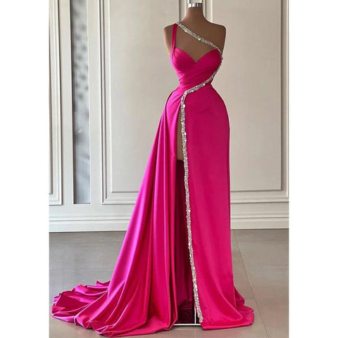 A-line Beaded One Shoulde Pink Satin Pleats Long Prom Evening Dress with Slit