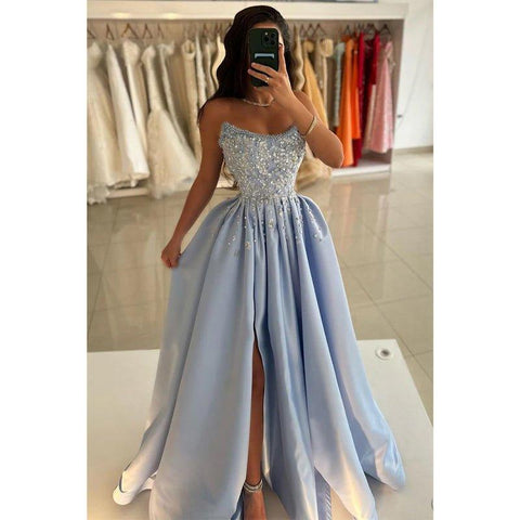 A-line Beaded Strapless Blue Satin Long Prom Dress with Slit Evening Gowns