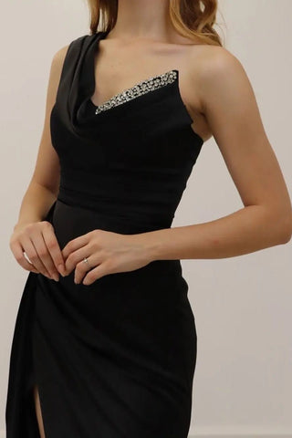 A-line Black One Shoulder Glitter Sleeveless Prom Dress With Slit