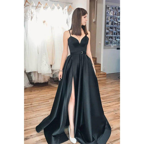 A-line Black Satin Spaghetti Straps V-neck Simple Prom Dress with Pockets