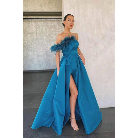 A-line Blue Satin Strapless Chic Feather Long Prom Dress with Slit Evening Gowns