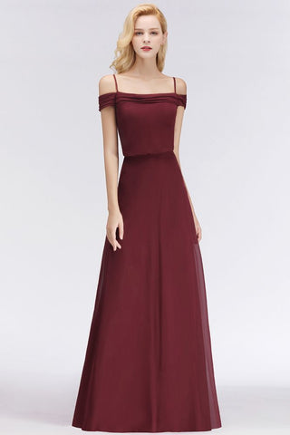 A-line Burgundy Bridesmaid Dress Off-the-shoulder Floor Length Party Dress