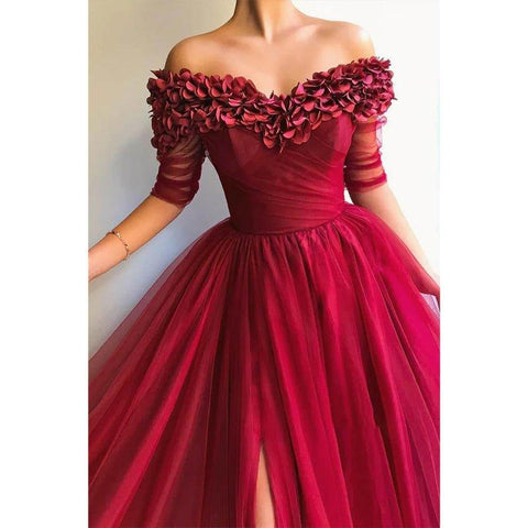 A-line Burgundy Tulle Off-the-shoulder Appliques Long Formal Evening Dress with Slit