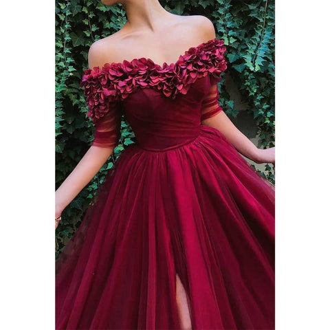 A-line Burgundy Tulle Off-the-shoulder Appliques Long Formal Evening Dress with Slit
