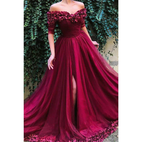 A-line Burgundy Tulle Off-the-shoulder Appliques Long Formal Evening Dress with Slit
