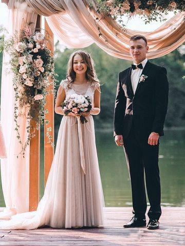 A-line Cap Sleeves Silver Long Tulle  Beach Wedding Dress  WD323