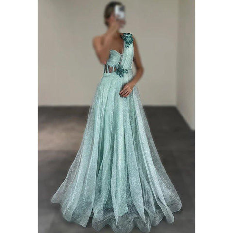 A-Line Charming One Shoulder Tulle Sleeveless Formal Party Prom Dress