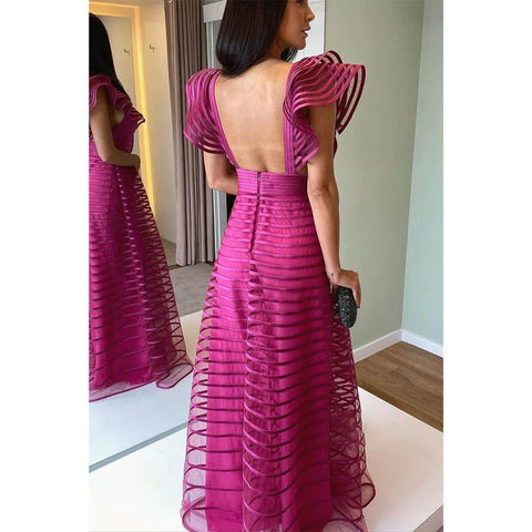 A-line Chic Cap Sleeves V-neck Fuchsia Long Formal Evening Dress