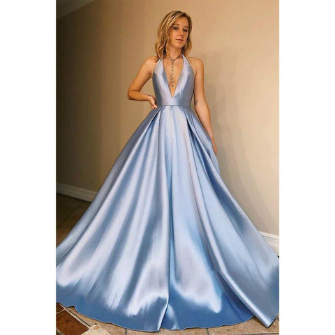 A-line Chic Halter Blue Satin Long Simple Prom Dress Backless