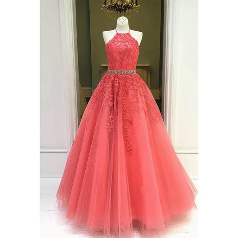 A-line Chic Halter Tulle Appliques Long Prom Dress Formal Evening Gowns