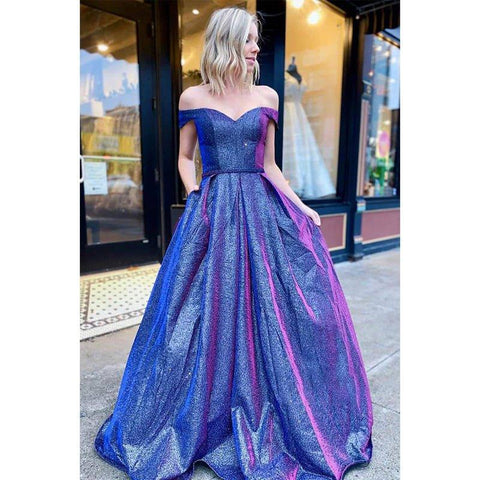 A-line Chic Off-the-shoulder Sparkle Prom Dress with Pockets