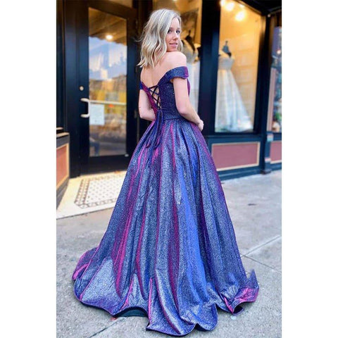 A-line Chic Off-the-shoulder Sparkle Prom Dress with Pockets