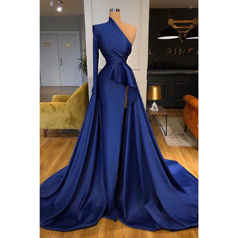 A-line Chic One Shoulder Long Sleeves Formal Evening Dress with Slit