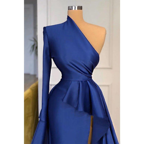 A-line Chic One Shoulder Long Sleeves Formal Evening Dress with Slit